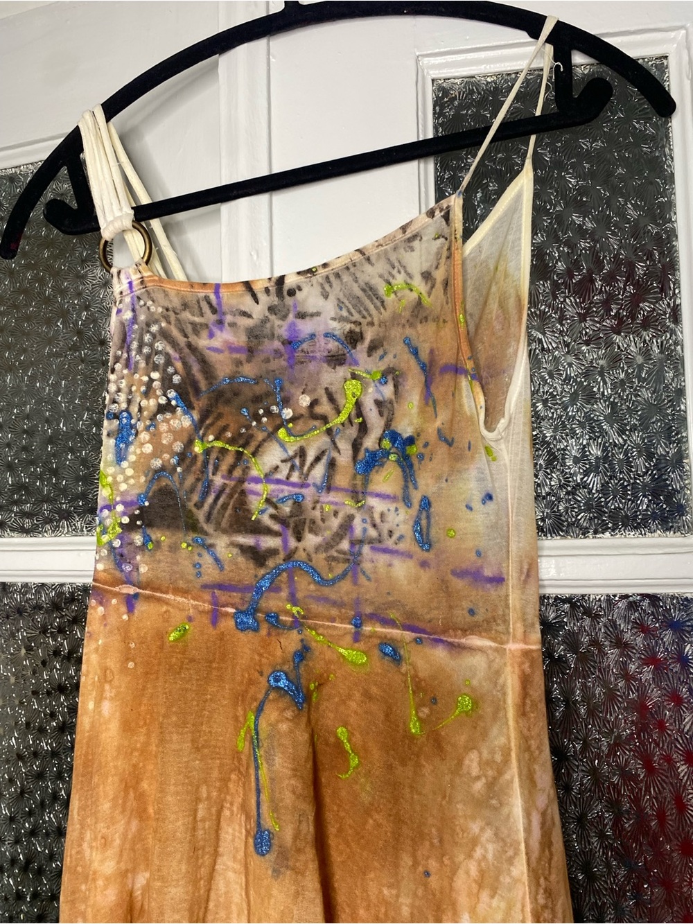 Hand-Dyed grafitti bodice dress with handkerchief hem - Picture 3 of 6